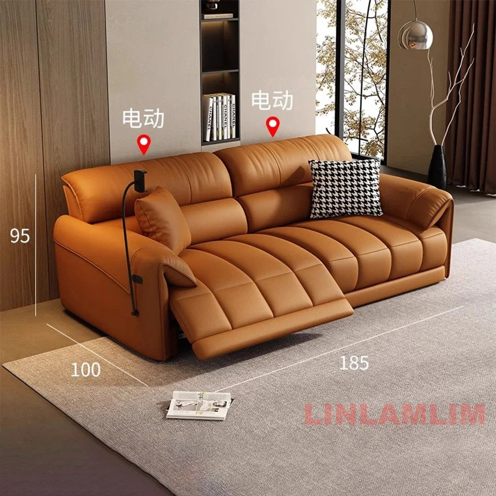 Italian Genuine Leather Electric Reclining Sofa With Adjustable Footrest USB And Foldable Center Console — Caramel Tan | KIMLUD