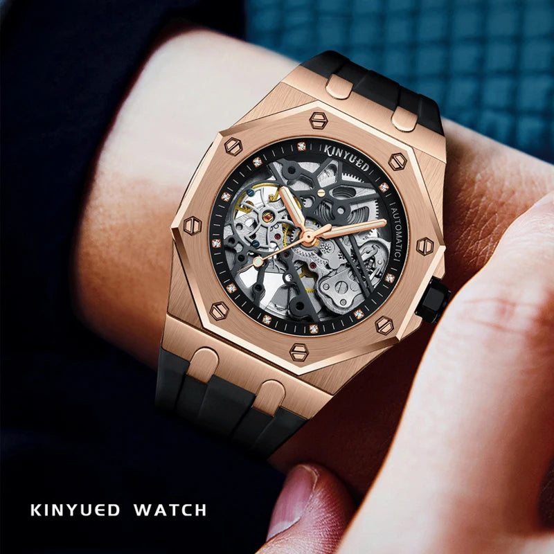 KINYUED Fashion Skeleton Mechanical Watch Top Brand Luxury Men's Steampunk Transparent Hollow Automatic Watch Relogio Masculino