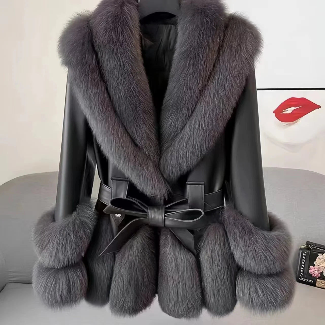 Faux Fur Coat for Women,Adjustable Waist Leather Jacket,Turn-down Collar, Thick Warm Clothes, High Quality, Autumn and Winter