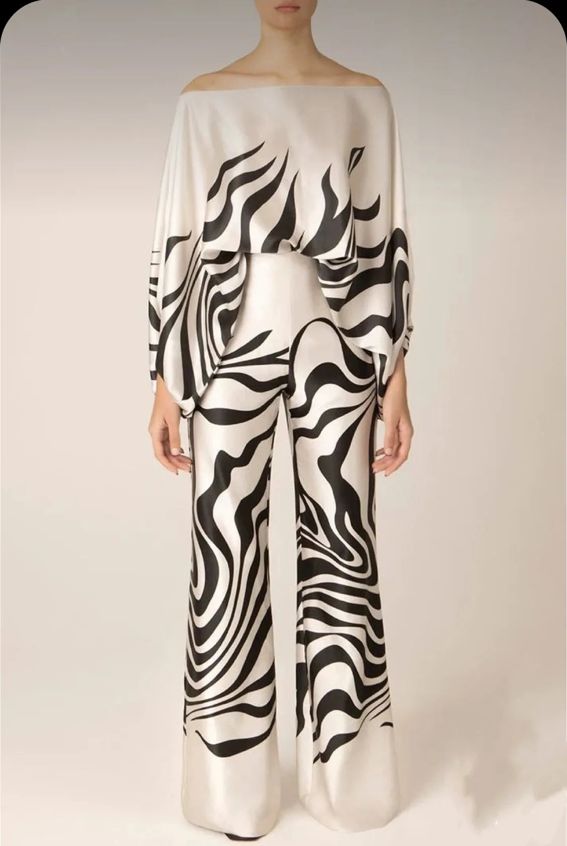 Satin Print Pajama Set Off-Shoulder Slash-Neck Top Long Pants — White | KIMLUD