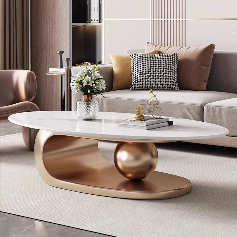 Rock Slab Coffee Table Sculptural Bronze-Toned Wooden Base — Ivory | KIMLUD