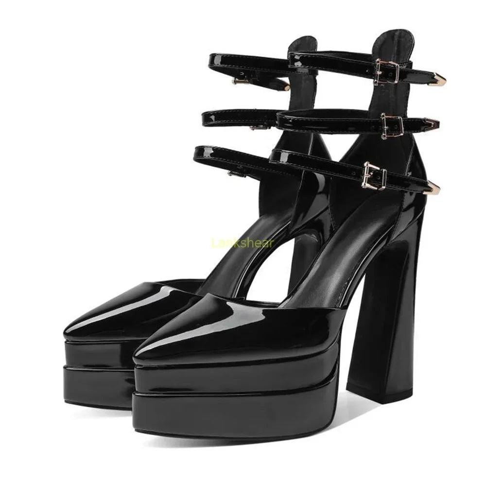 Platform Multi Strap High Heels Patent Leather Sexy Pointed Toe Square Heel Solid New Arrivlas Fashion Women Runway Shoes