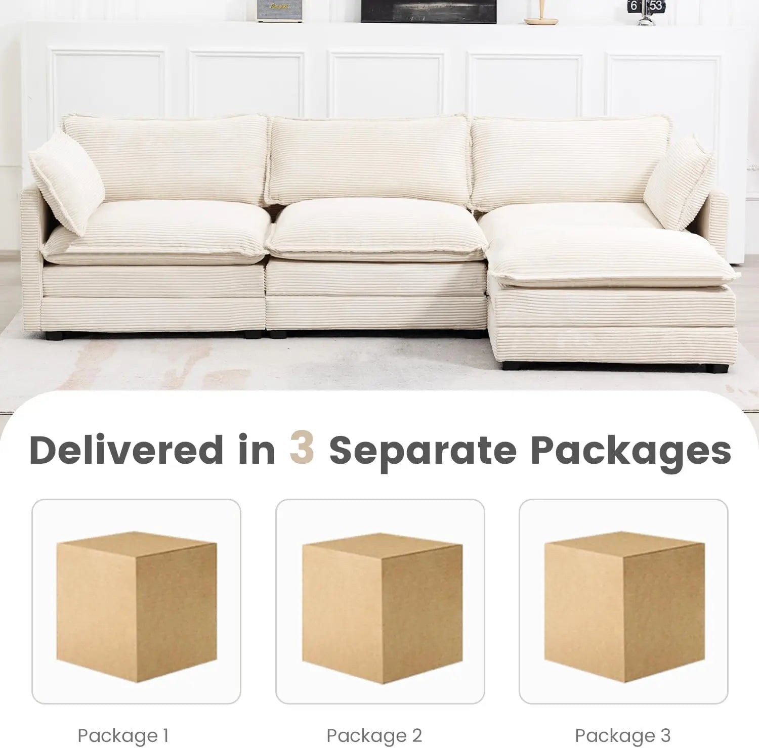 Corduroy Sectional Sofas With Movable Ottoman — Gray | KIMLUD