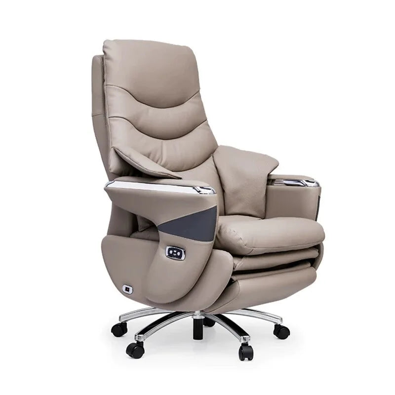 Leather Massaging Ergonomic Boss Chair With Aluminum Alloy Rotating Base — Beige | KIMLUD