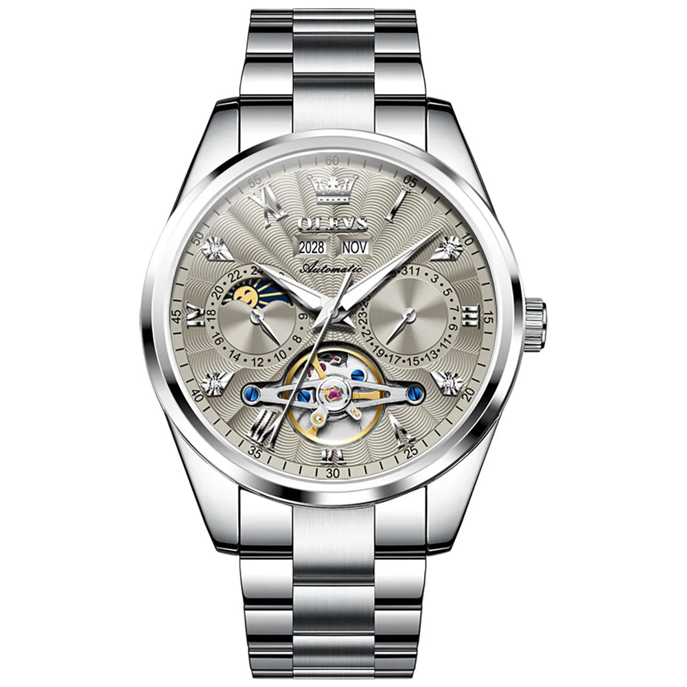 OLEVS Men's Watches Tourbillon Style Trend Fashion Original Automatic Mechanical Wristwatch Waterpoorf Luminous Moon Phase Clock