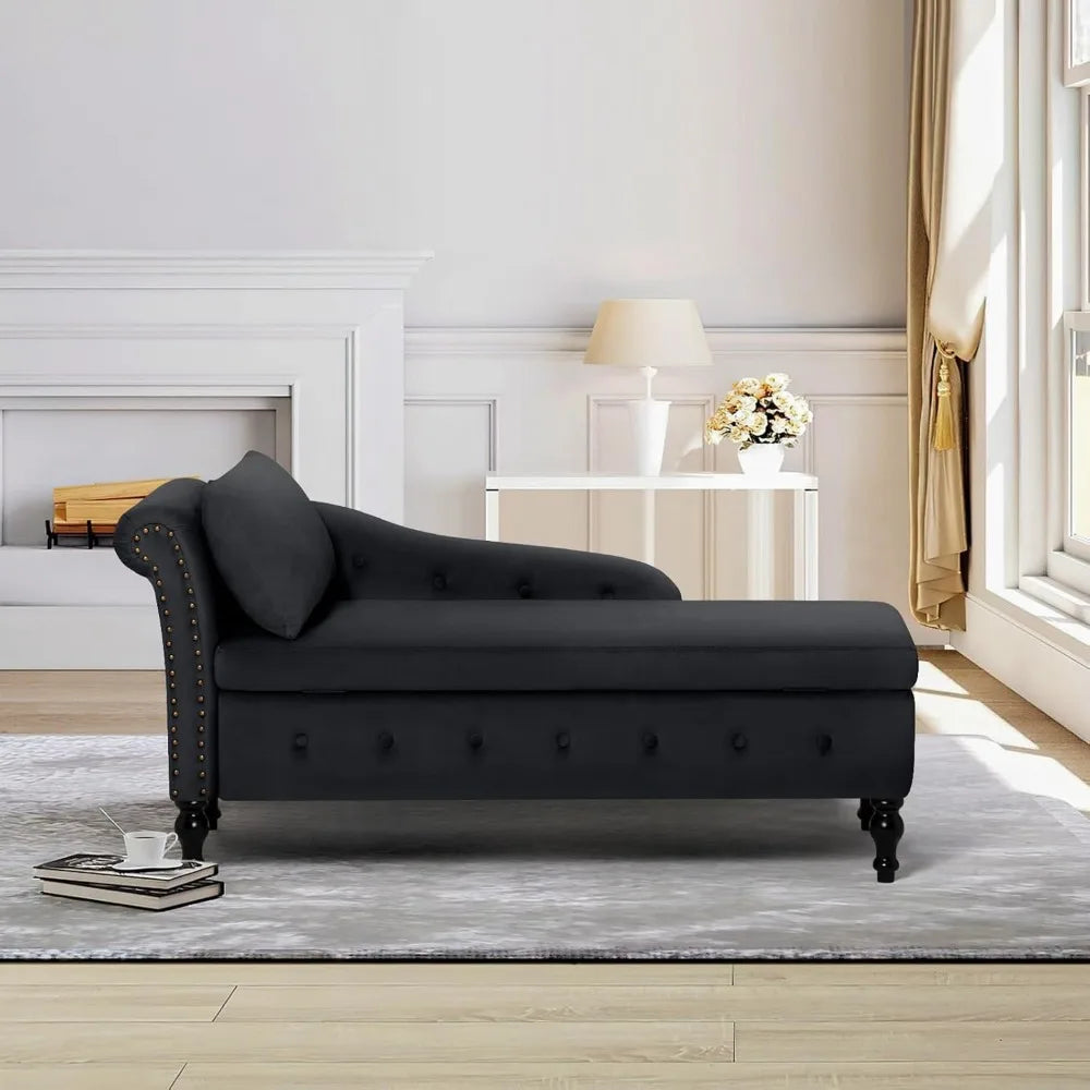 Velvet Chaise Lounge with Left Armrest & Storage Space,Button Tufted Lounge Chair w/Lumbar Pillow,Modern Upholstered Lounge Chai