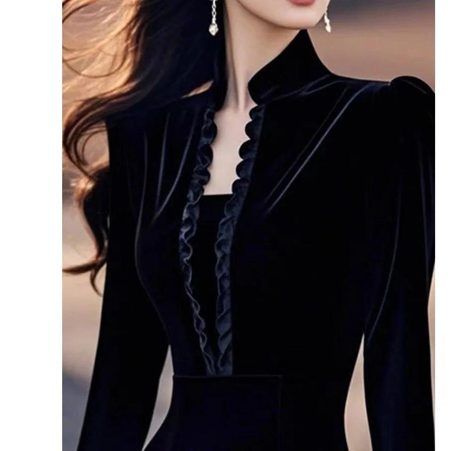 Velvet Midi Dress – Stand Collar Long Sleeve – Black | KIMLUD