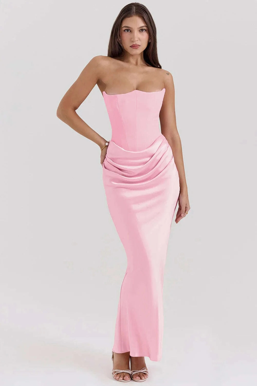 Elegant Pink Strapless Satin Patchwork Maxi Dress Women Sexy Sleeveless Ruched Bodycon Dresses Evening Cocktail Party Long Dress
