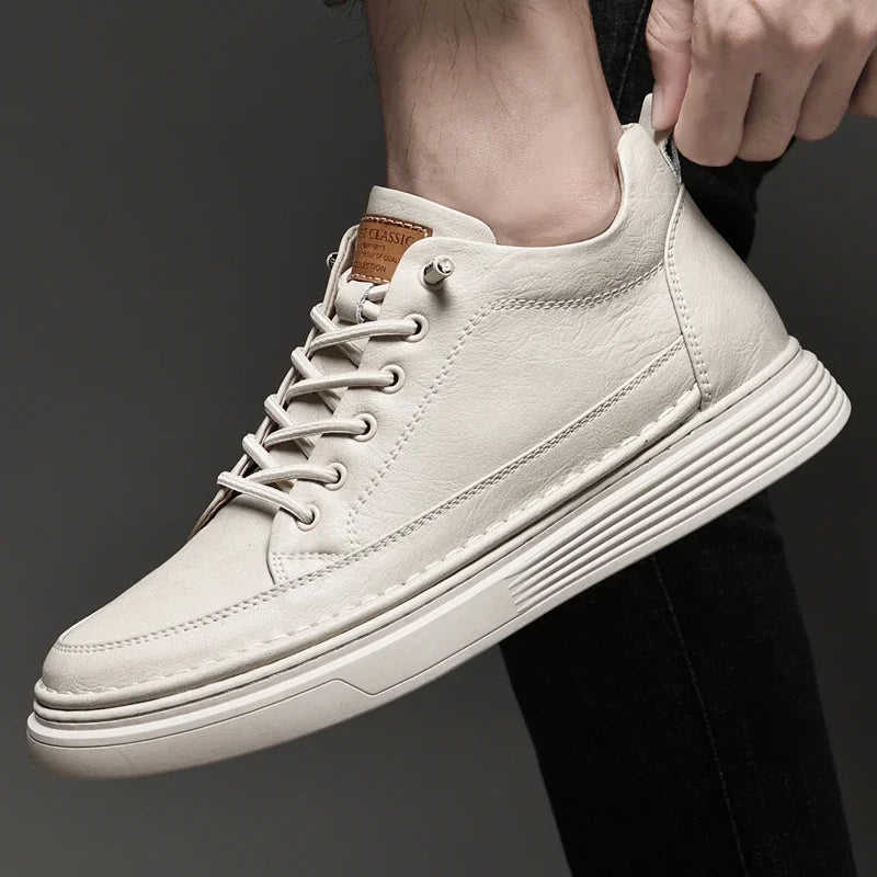 High Top Hiking Shoes – Height Increasing – Leather – Beige | KIMLUD