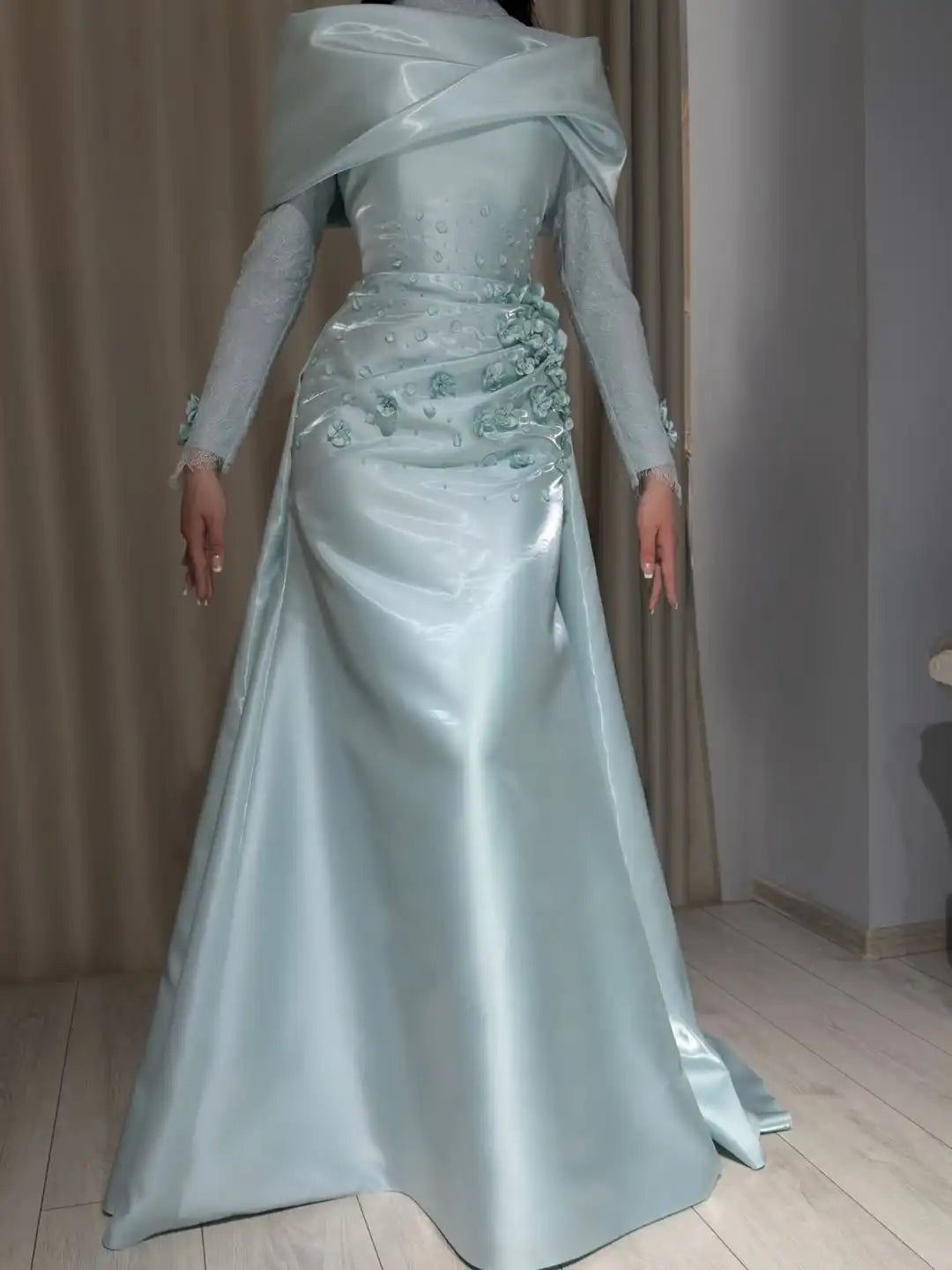 Mermaid Evening Dress – Floral Bead Decoration – Satin Lace – Not Specified | KIMLUD
