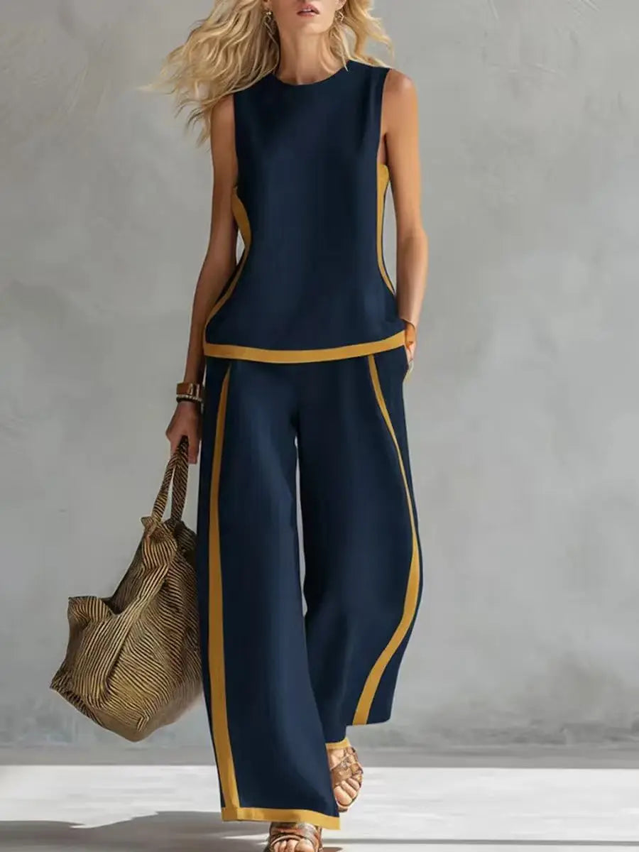 Women's 2-piece Set 2026 New Sleeveless Contrast Wide Leg Pants Suit Summer Casual Fashion Two-piece Trendy Style Women Clothing