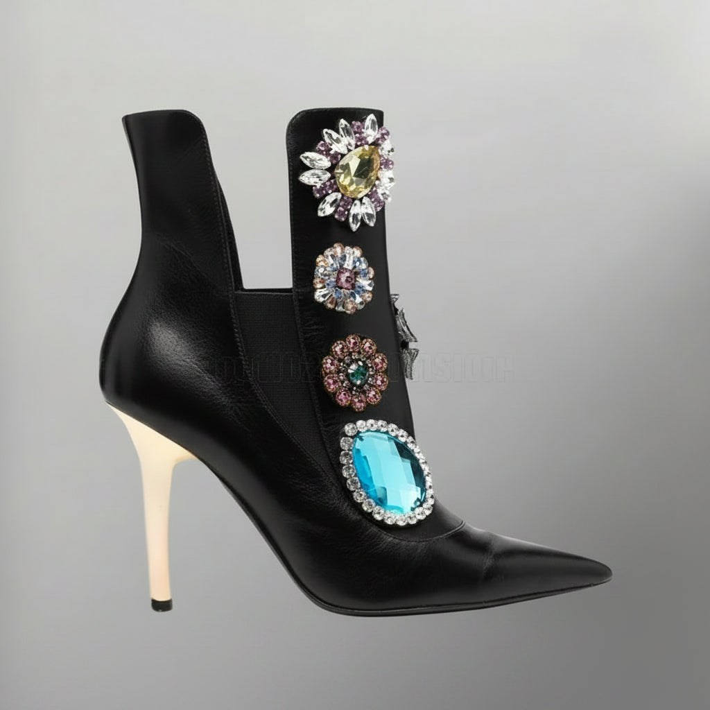 Crystal Flower Boots Pointed Toe Runway Slip-On — Black | KIMLUD