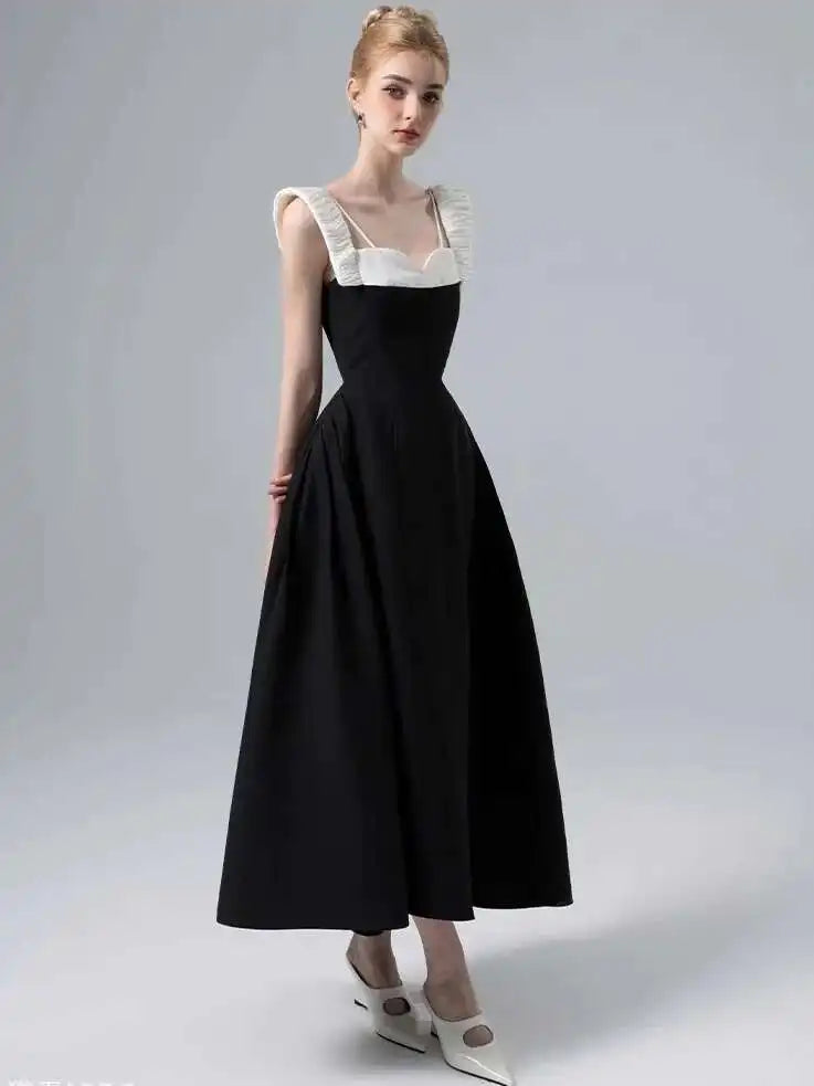 DEAT Elegant Dress Contrast Color Wide Slip Sleeveless A-line Backless Women's Evening Dress 2025 Spring New Fashion 13DB4369