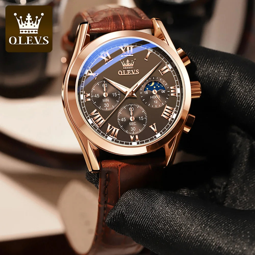 Rose-Gold Chronograph Moon Phase Watch Leather Strap — Black | KIMLUD