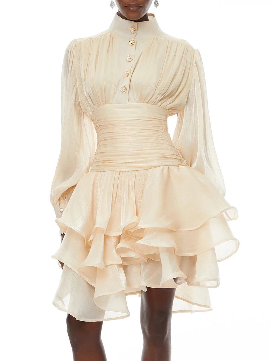 Elegant High Neck Organza Dresses Mini — Pink | KIMLUD
