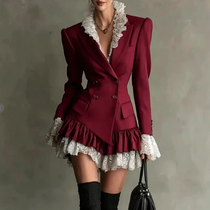 Blazer Dress – Double Breasted Lace Trim – Polyester | KIMLUD