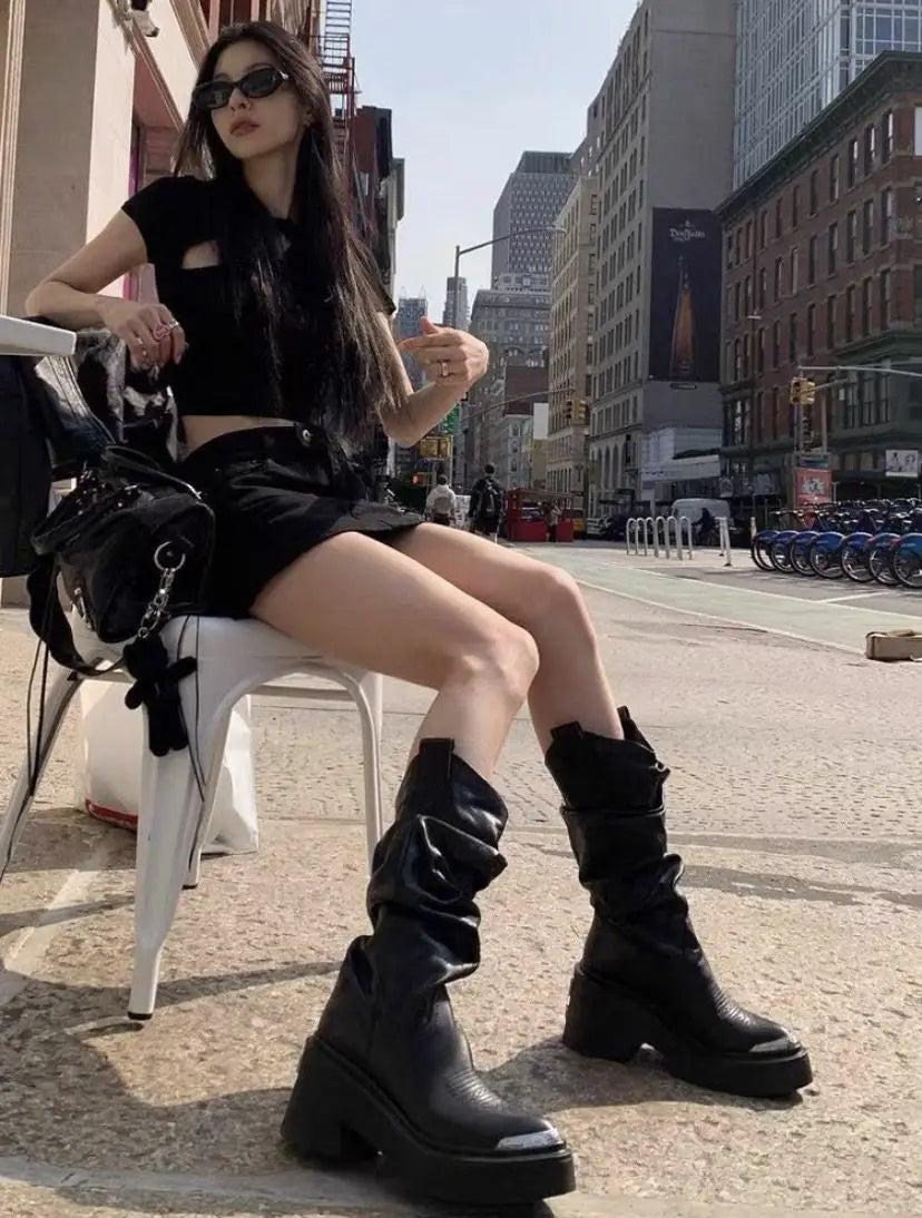 Genuine Leather Riding Boots Mid-Calf — Black | KIMLUD