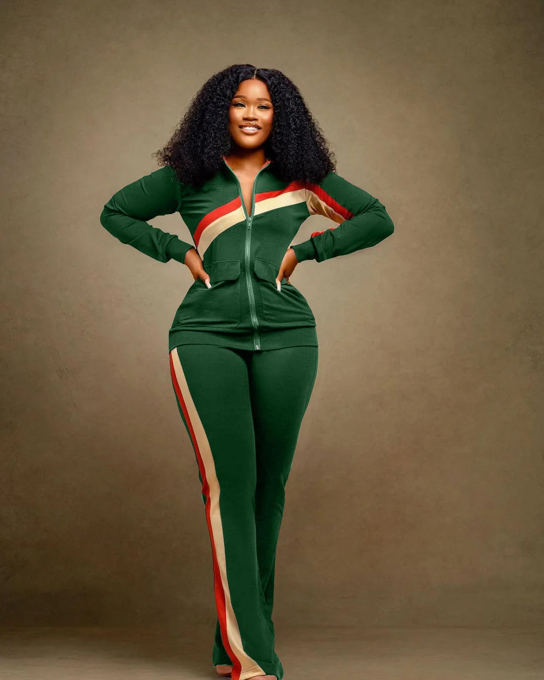 Custom LOGO Spring  Women's Sports Casual Fashion Color-matching Pocket Lapel Zipper Top Straight Pants Two-piece Set S-4XL