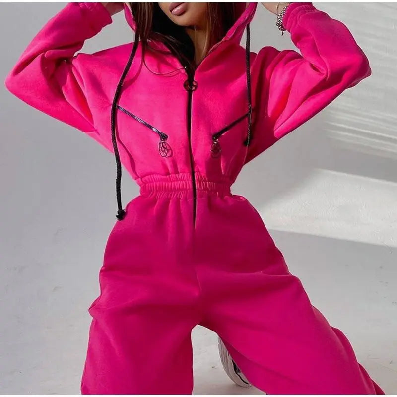 Casual Hooded Jumpsuit Long Sleeve — Black | KIMLUD