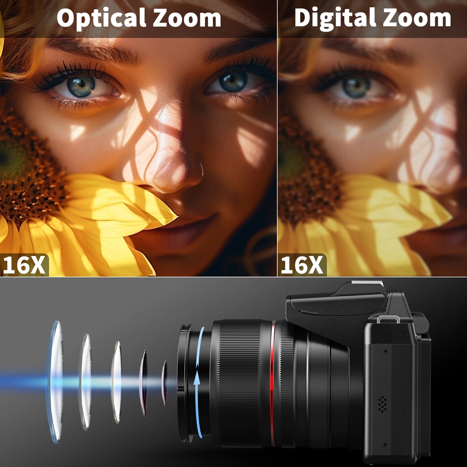 Metal and Glass Digital Camera 16x Optical Zoom — Black | KIMLUD