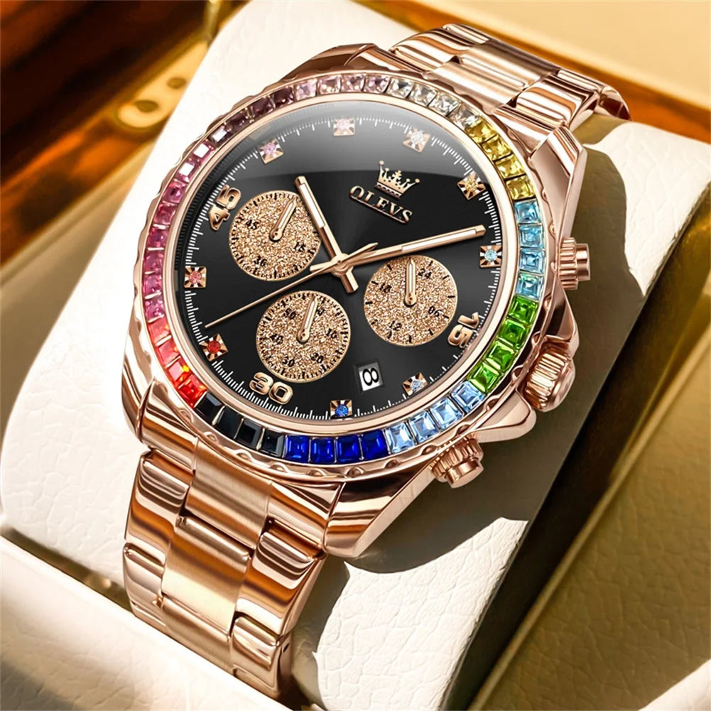 Stainless Steel Watch Rainbow Gemstone Bezel — Rose Gold | KIMLUD