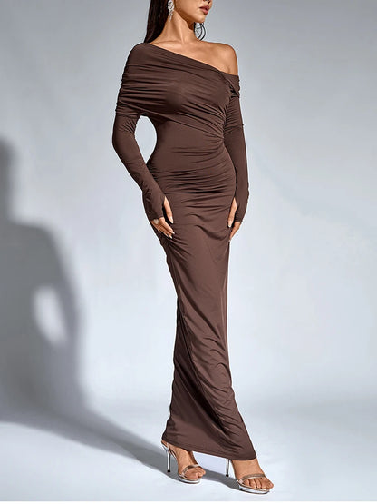 Maxi Dress – One-Shoulder Neck – Bodycon Silhouette – Brown | KIMLUD
