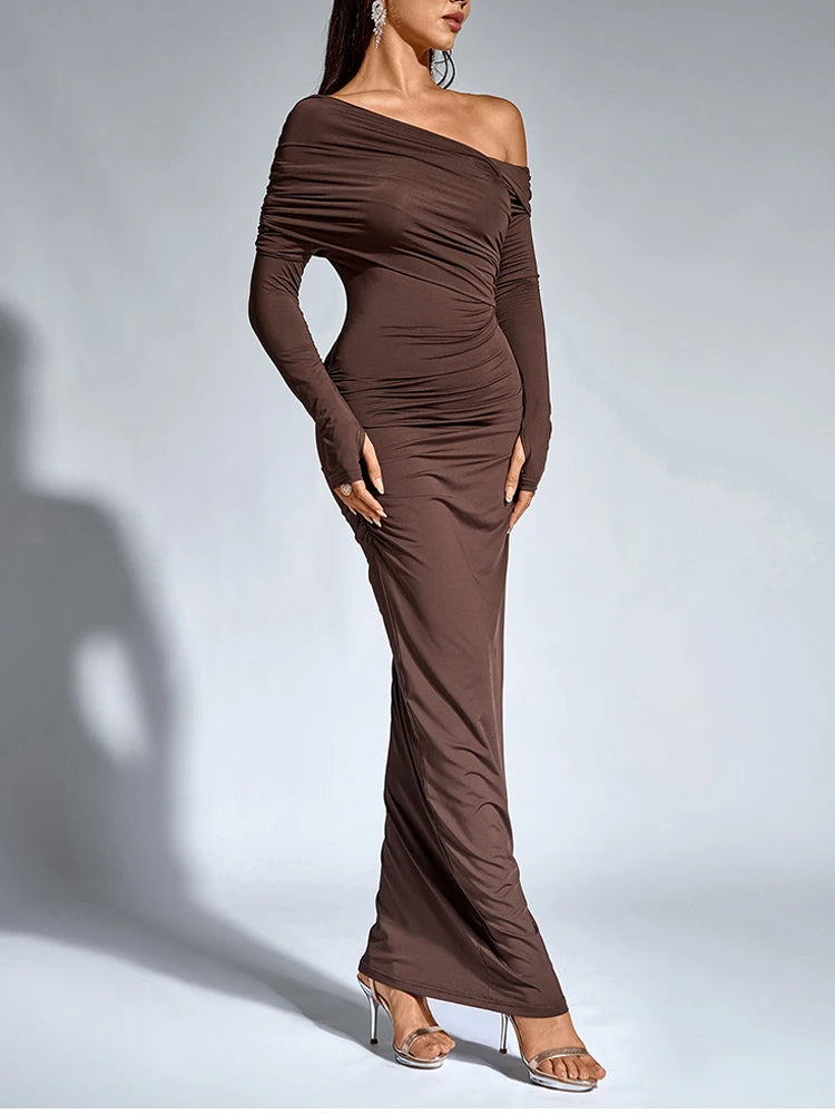 Maxi Dress – One-Shoulder Neck – Bodycon Silhouette – Brown | KIMLUD