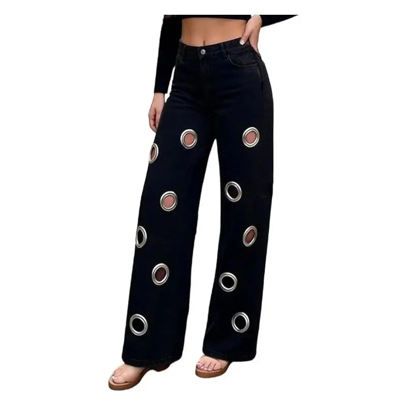 Pants High Waist Hollow Out Pants & Leggings Denim Straight Leg — Blue | KIMLUD