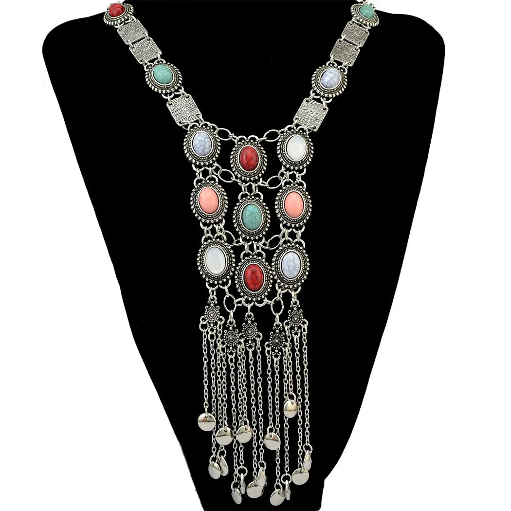 Pendant Necklace – Multi Layer Tassel Bell Turquoise Gemstone – Zinc Alloy | KIMLUD