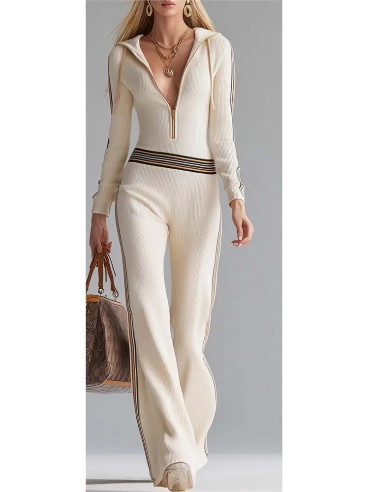 Jumpsuit – Hooded Zip Front – Knitted Polyester – Solid | KIMLUD