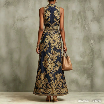 Maxi Dress – Baroque Print Halter Neck – Polyester A-Line | KIMLUD