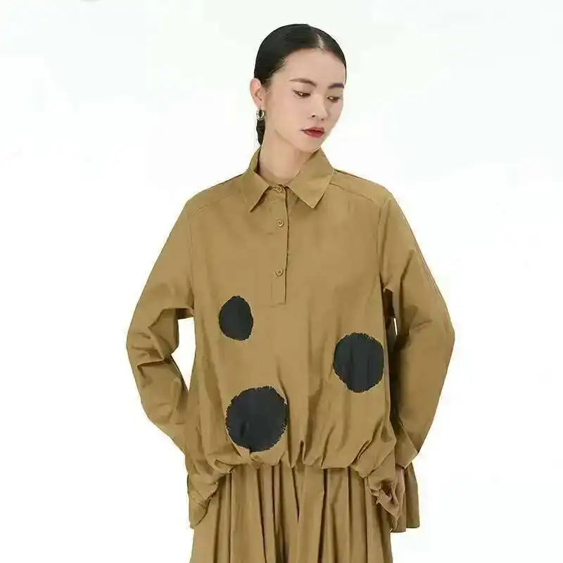 EAM Women Black Color-block Dot Big Size Blouse New Lapel Long Sleeve Large Hem Shirt Fashion Tide Spring Autumn 2024 1DH4274