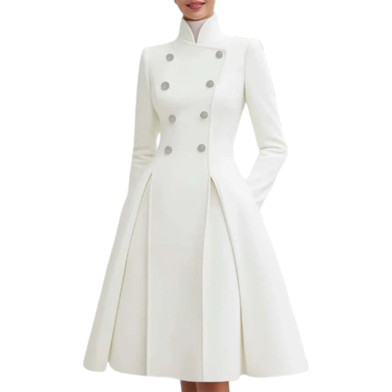 Evening Coat Dress - Double Breasted - A-Line - White | KIMLUD