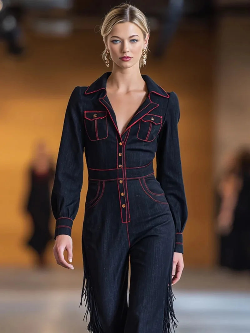 Denim Fringed Jumpsuit Button Front Deep V-Neck — Black | KIMLUD