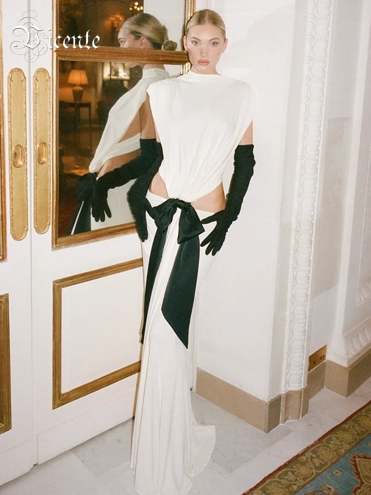 VC Stylish Chic White Halter Sleeveless Backless Cutout with Bow Detail Maxi Dress Evening Gown