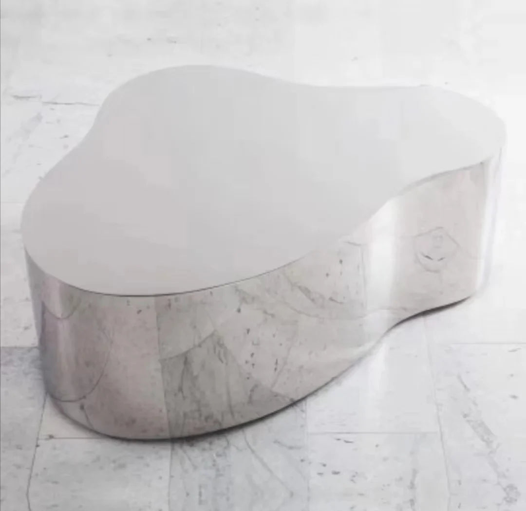 Industrial Metal Coffee Table Sculptural — Brushed Stainless Steel | KIMLUD