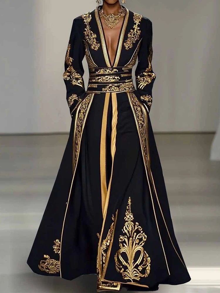 Retro Patchwork Printing Fashion Maxi Dress, Women Autumn Long Sleeve Chic Party Dress, 2025 V Neck Vintage Loose Ladies Dresses