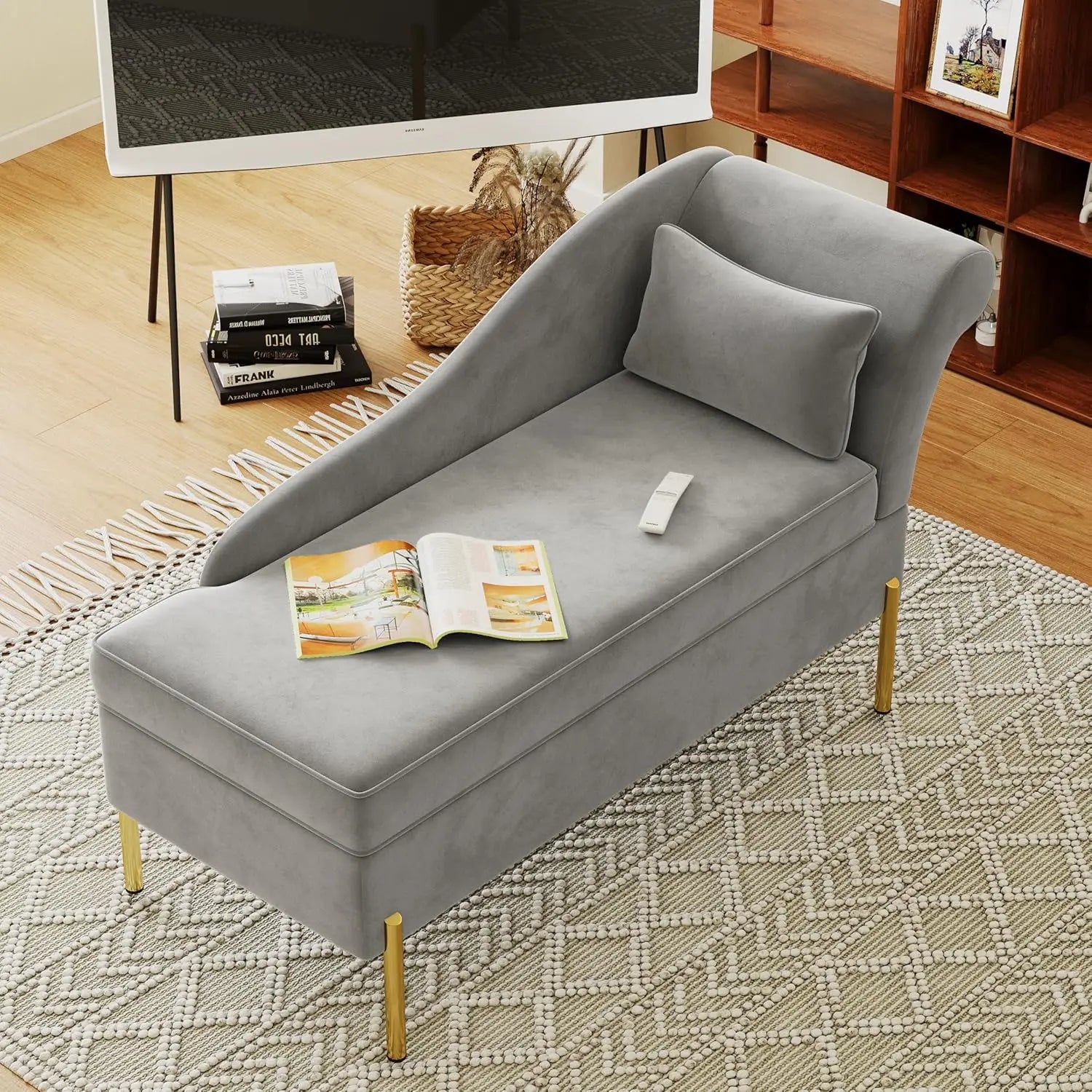 Velvet Chaise Lounge with Storage, Modern Upholstered Tufted Chaise Lounge Chair Indoor Sofa Recliner Couch for Bedroom Office