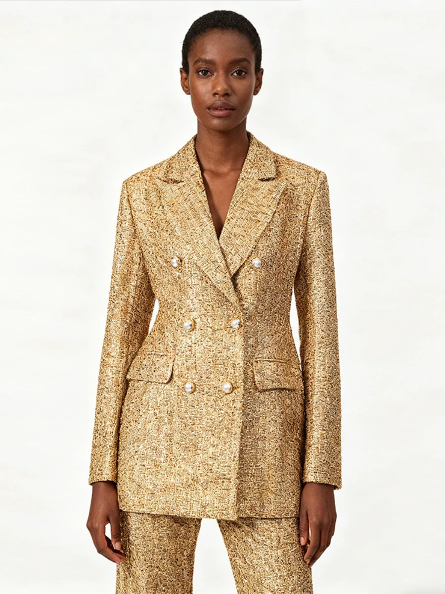 Polyester Blazer Slimming Spliced Double Breasted — Gold | KIMLUD