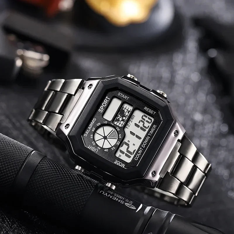 Stainless Steel Digital Watch Military LED Display — Silver | KIMLUD