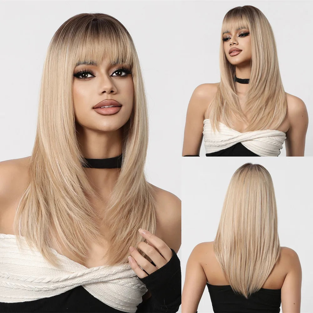 ALAN EATON Chestnut Brown Synthetic Wig with Bangs Long Straight Wig Natural Layered Hair Smooth Soft Daily Wig Heat Resistant