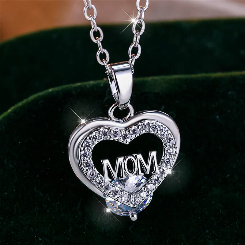 Crystal Luxury White Zircon Stone Heart Mom Letter Pendant Necklace Vintage Wedding Jewelry For Women Mother's Day Gift