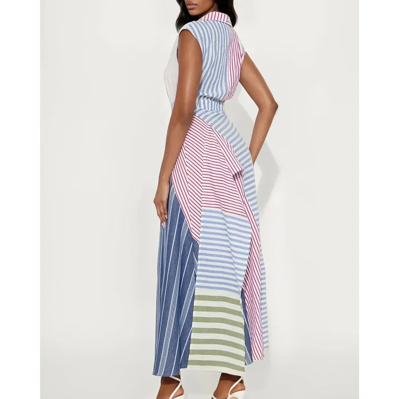 Personality Contrast Color Stitching Striped Dress Women's Summer Fashion Irregular Waist V-neck Sleeveless Commuting Dresses
