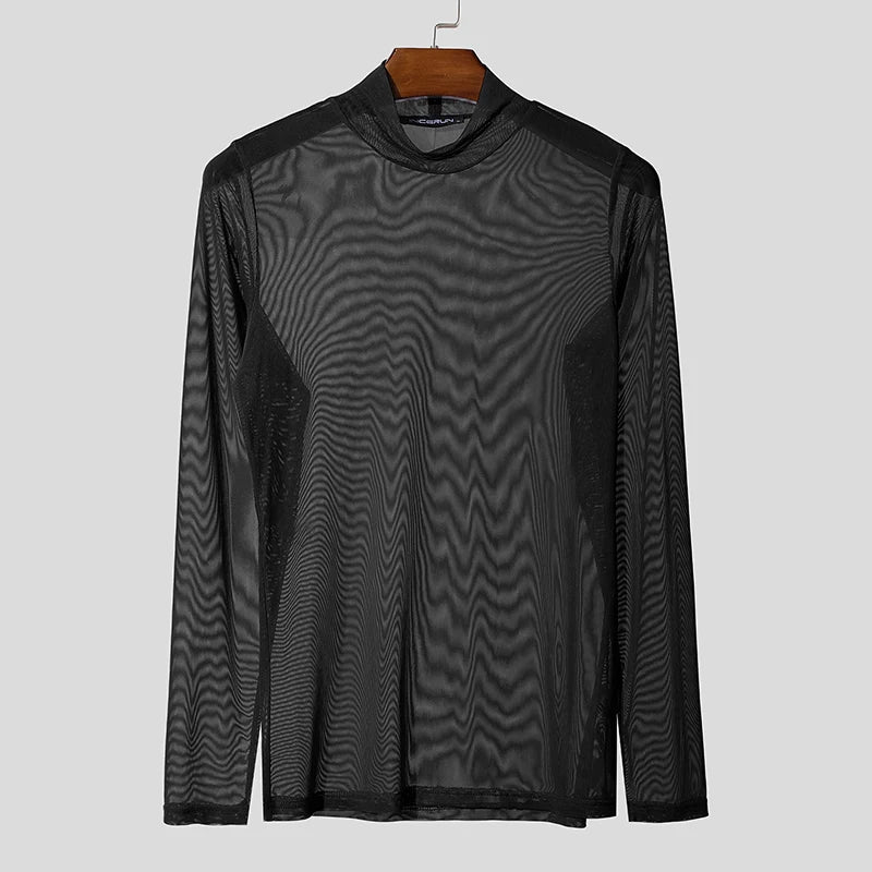 Mesh Long Sleeve See-Through Turtleneck Tee With Slim Silhouette — Black | KIMLUD