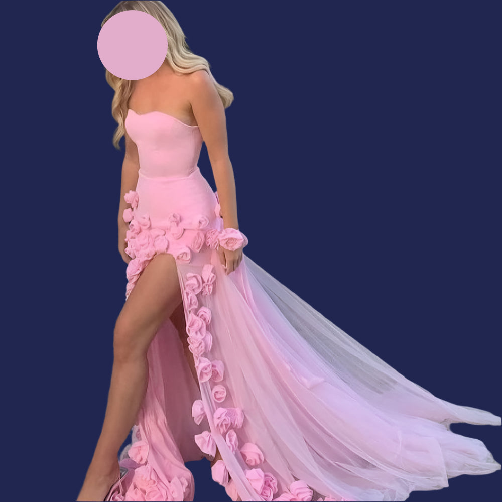 KIMLUD, RFYR Pink Mermaid Charming Prom Dress 3D Flower Formal Gown Sleevesless Evening Gown with Side Slit vestidos de noche Customized, KIMLUD Womens Clothes