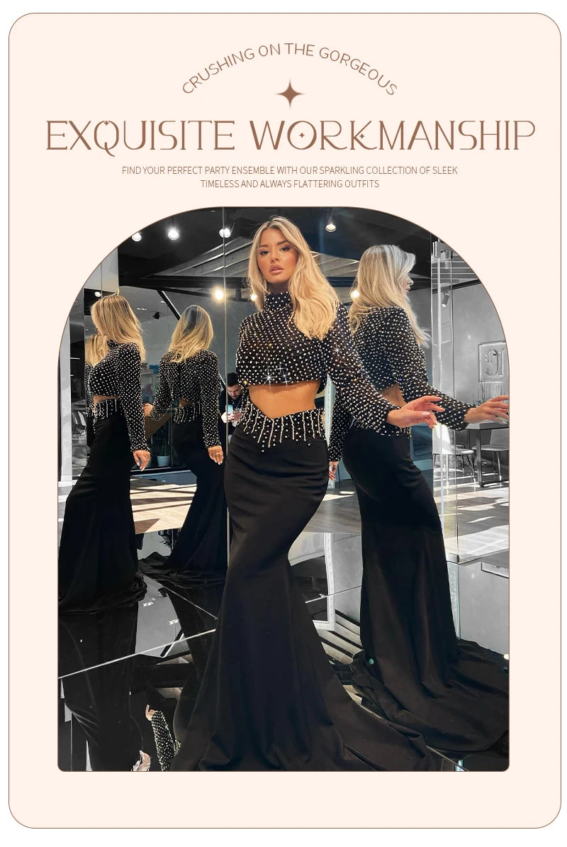 VC Glam Black Long Sleeves Beaded Crop Top & Mermaid Skirt Two Pieces Dress Set for Evening Glamour Gown