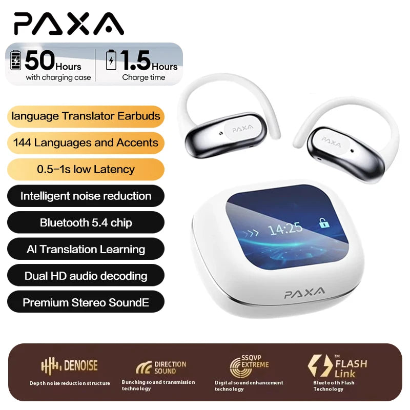 PAXA Upgraded AI Real-time Translation 3in1 Wireless Bluetooth 5.4 Earphones Translate 144 languages ENC Denoise Headphones