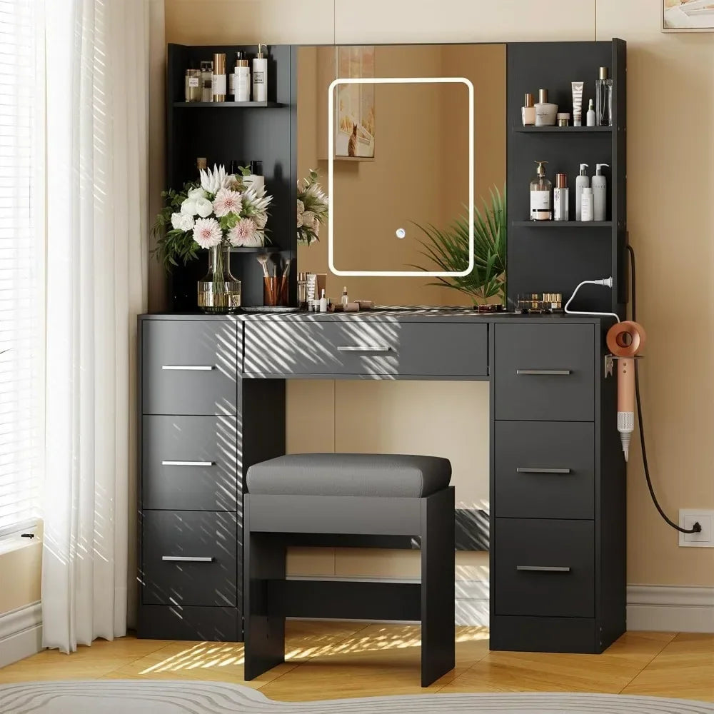 Vanity Table with Large Mirror and Chair, Power Outlet, Hair Dryer Rack, 7 Drawers 3 Lighting Modes Brightness Adjustable