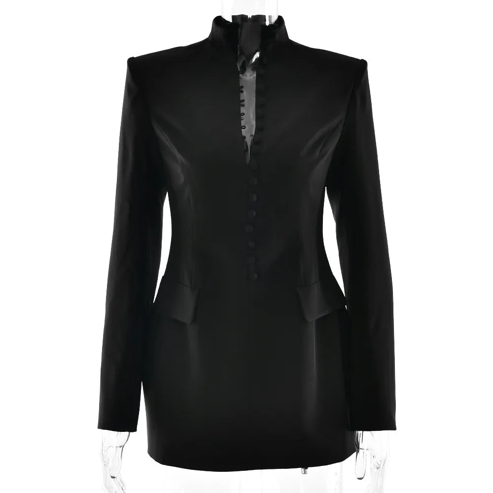 Polyester Single Breasted Stand Collar Bodycon Mini Dress — Black | KIMLUD