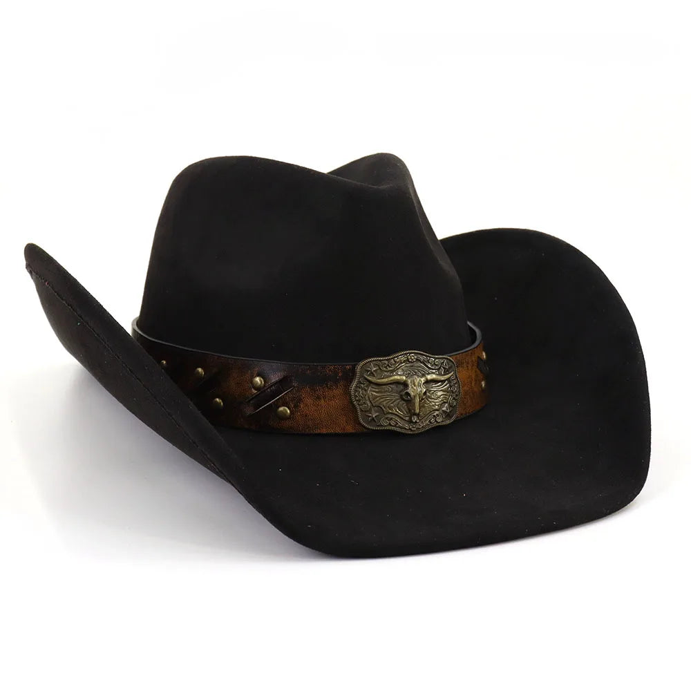 Leather Band Suede Cowboy Hat Big Brim Bull's Head — Brown | KIMLUD